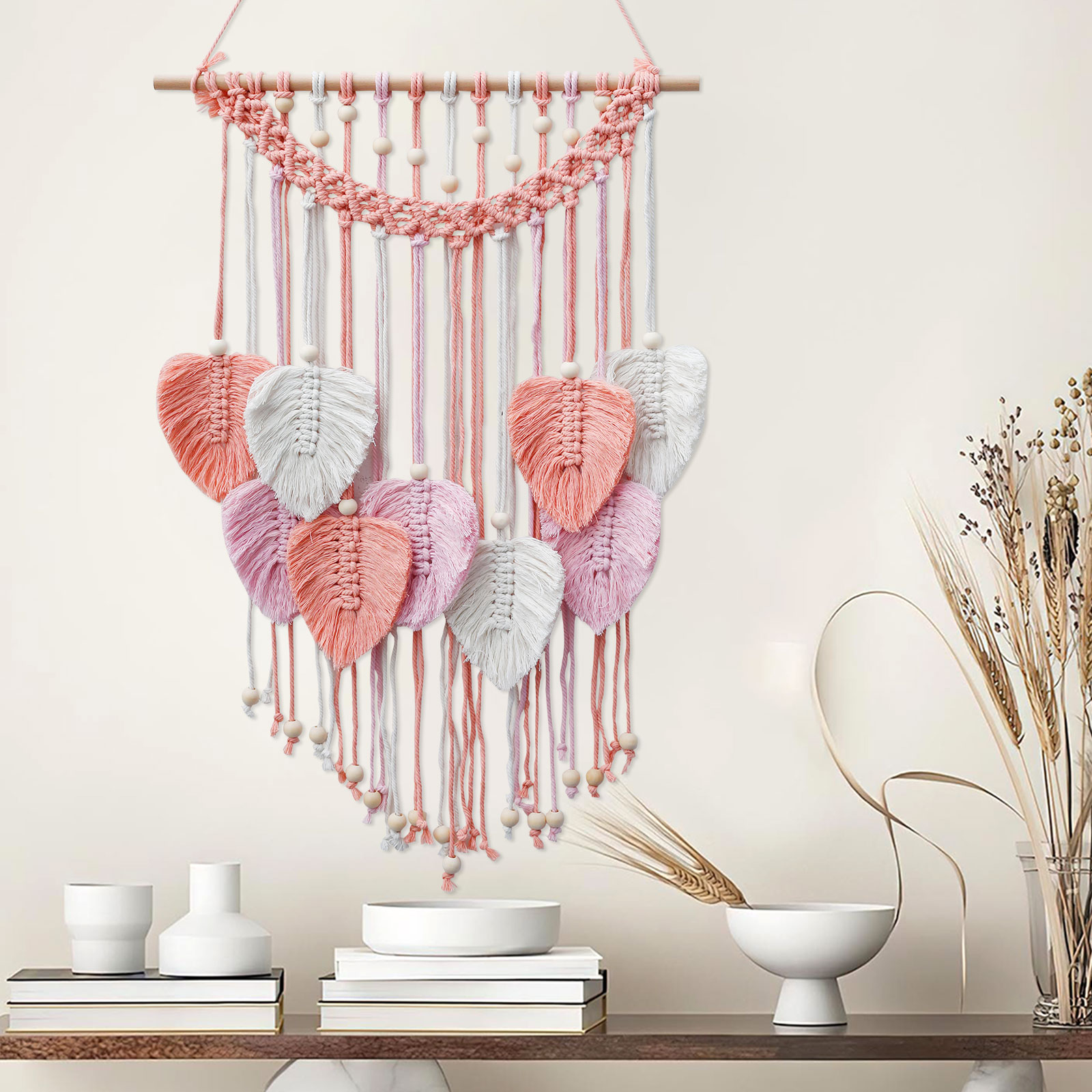 Macrame Wall Hanging Tapestry Wall Hanging Leaves Handmade Woven Wall Leaves Elegant Leaf Tapestry Wall Art Woven Leaf Tassels for Indoor,70x50cm,Pink